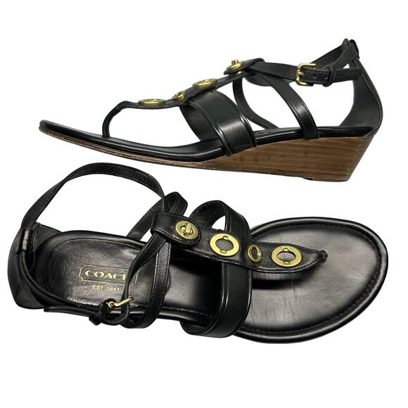 Coach Women's Vicky Wedge Black Leather Sandals Cognac Size 10 B - Picture 1 of 16